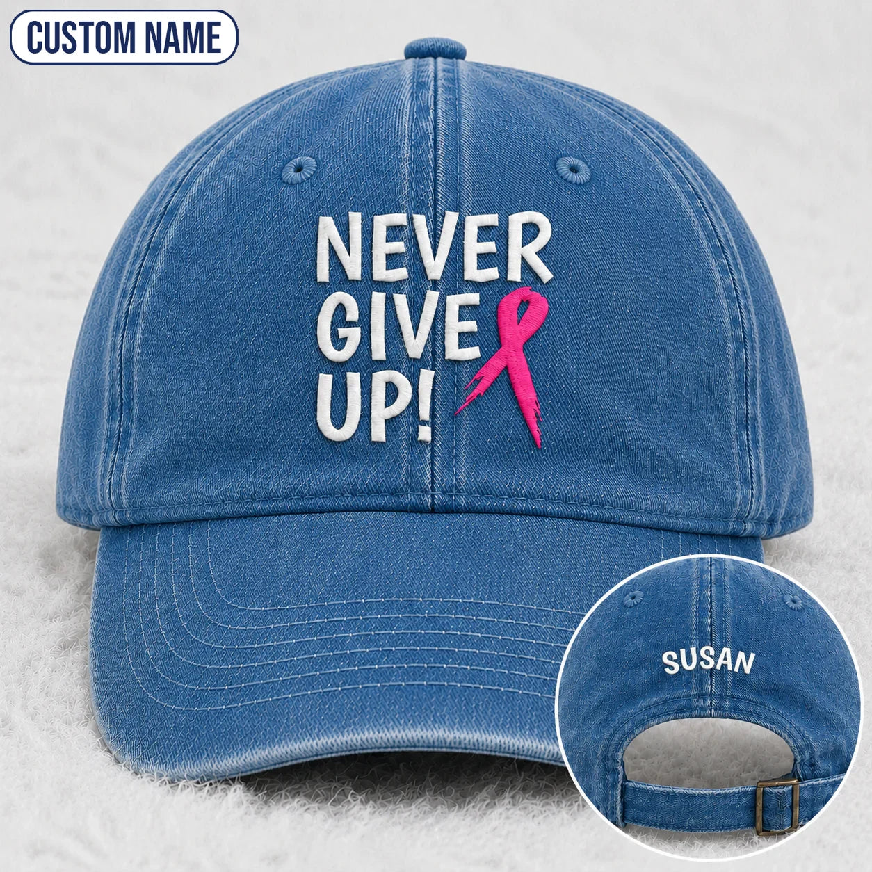 Personalized Never Give Up Pink Ribbon Embroidered Washed Cap, Awareness Gift