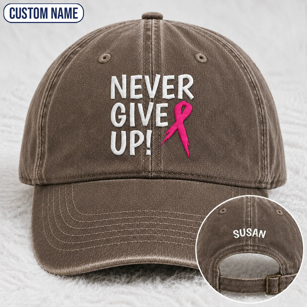 Personalized Never Give Up Pink Ribbon Embroidered Washed Cap, Awareness Gift
