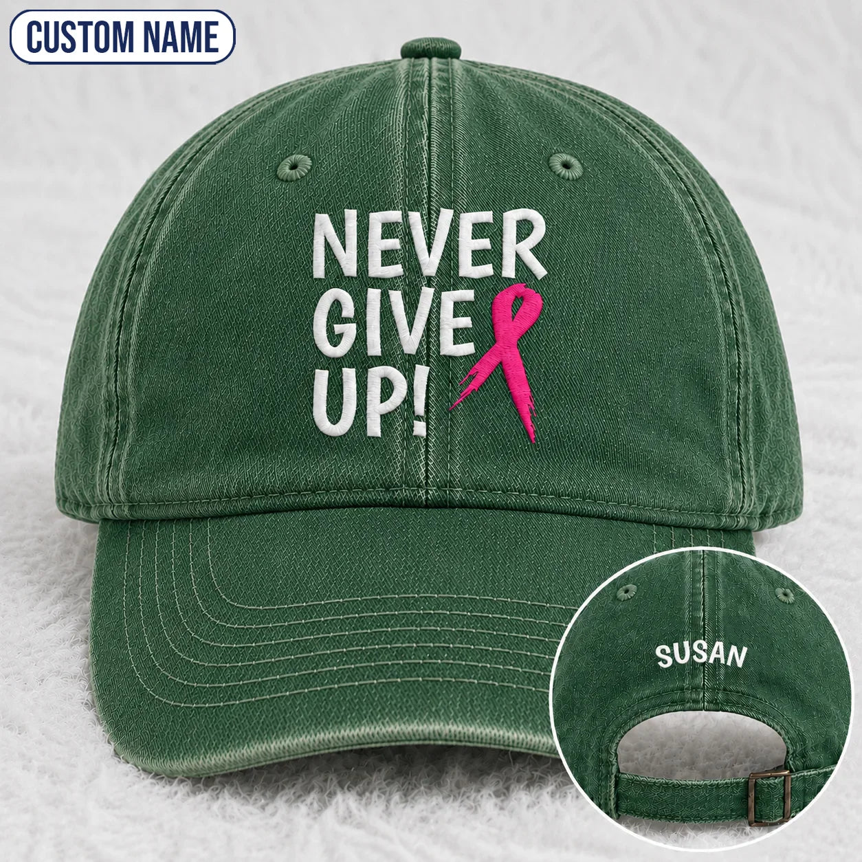 Personalized Never Give Up Pink Ribbon Embroidered Washed Cap, Awareness Gift