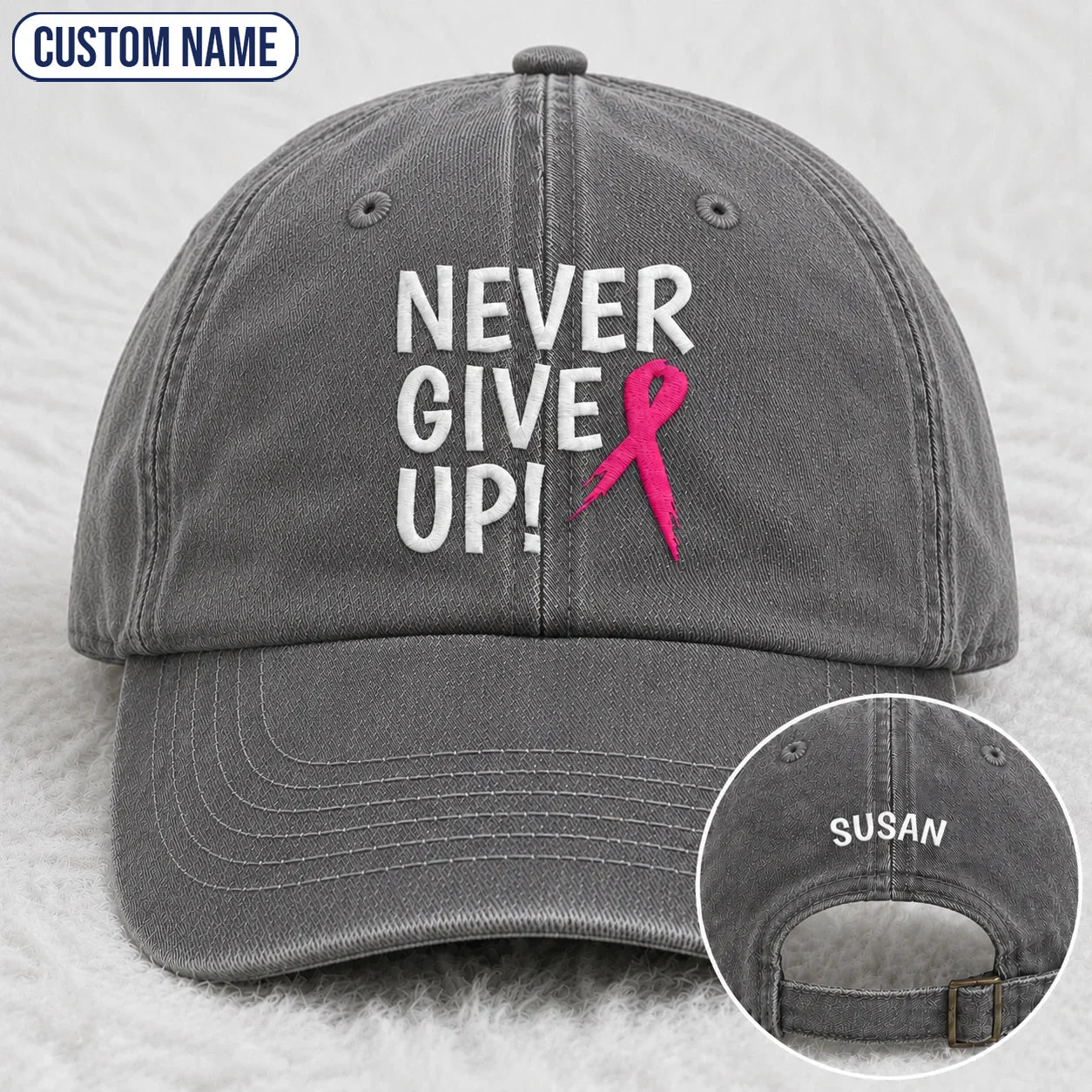 Personalized Never Give Up Pink Ribbon Embroidered Washed Cap, Awareness Gift