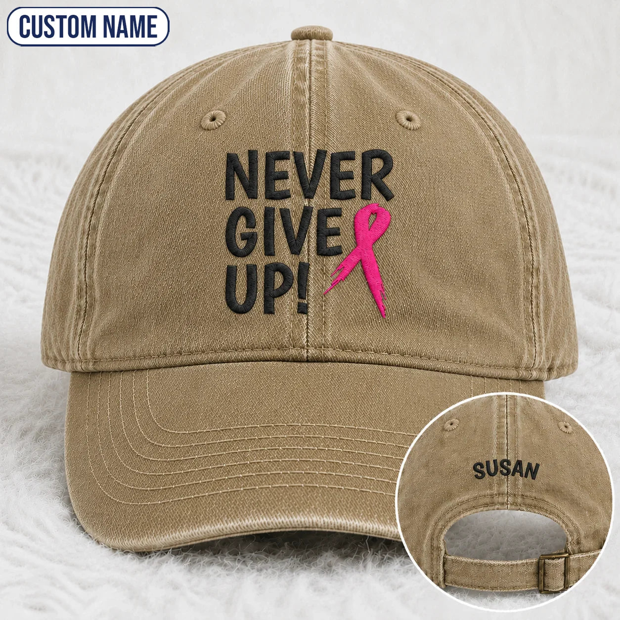 Personalized Never Give Up Pink Ribbon Embroidered Washed Cap, Awareness Gift