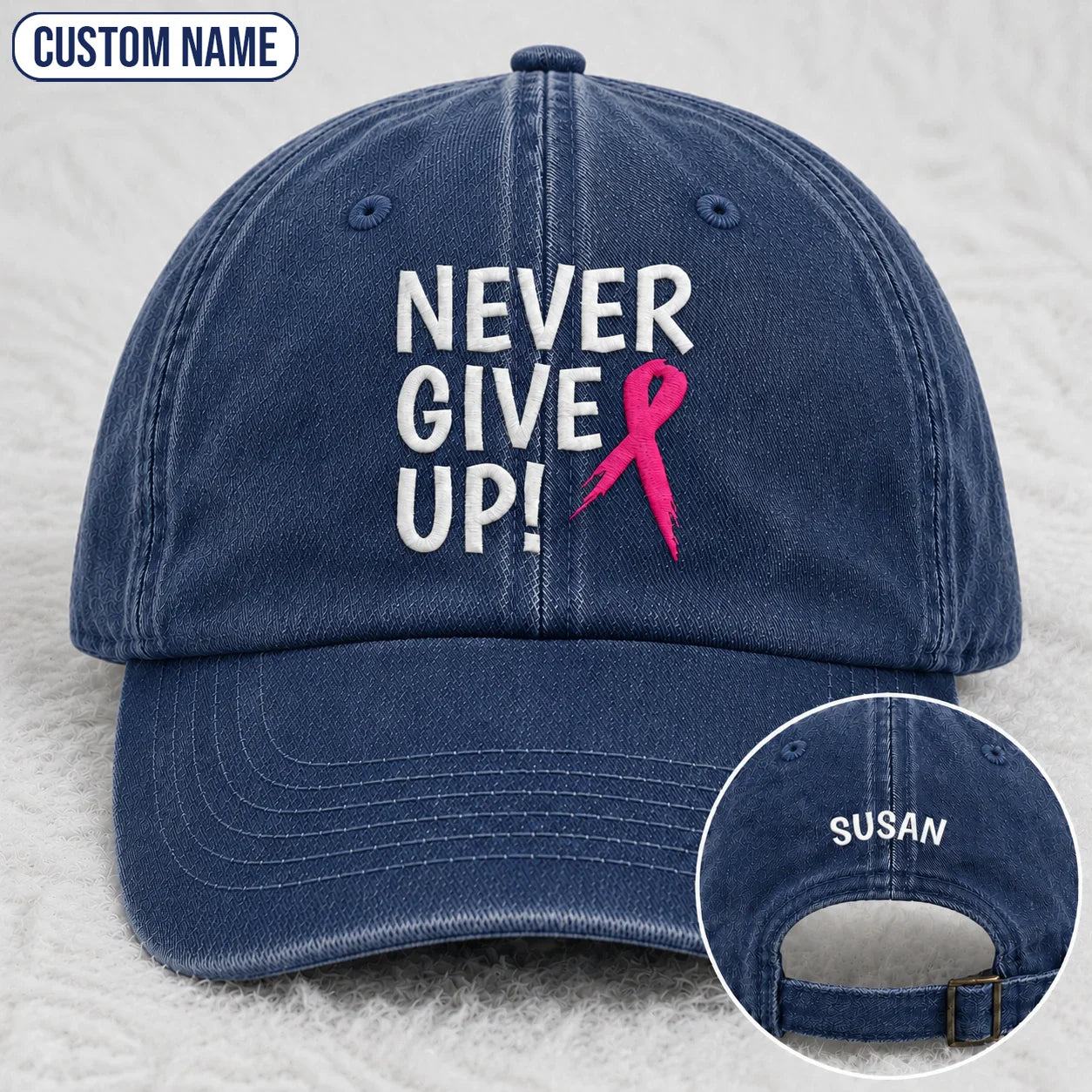 Personalized Never Give Up Pink Ribbon Embroidered Washed Cap, Awareness Gift