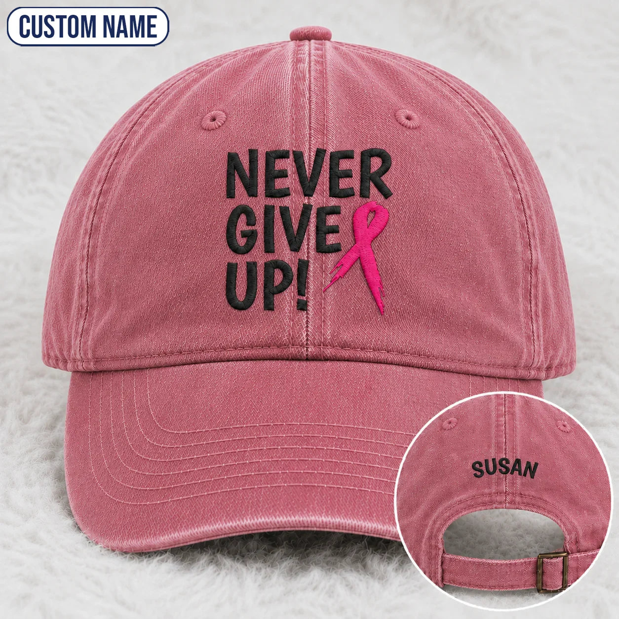 Personalized Never Give Up Pink Ribbon Embroidered Washed Cap, Awareness Gift