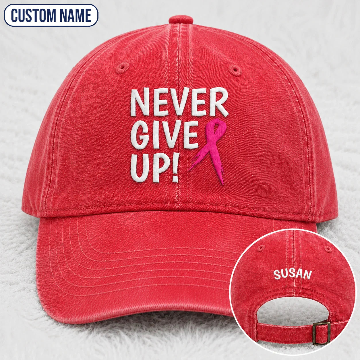 Personalized Never Give Up Pink Ribbon Embroidered Washed Cap, Awareness Gift