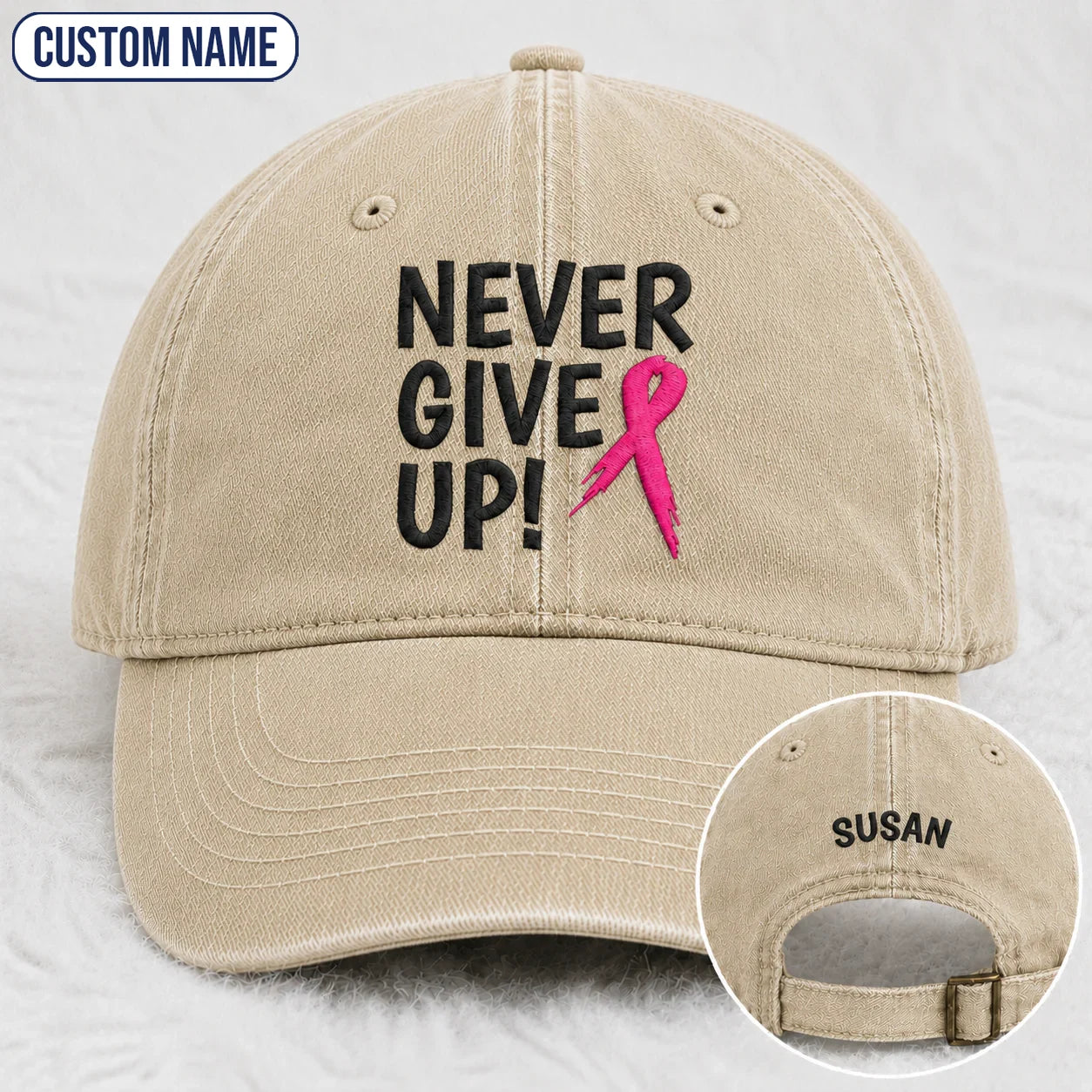 Personalized Never Give Up Pink Ribbon Embroidered Washed Cap, Awareness Gift
