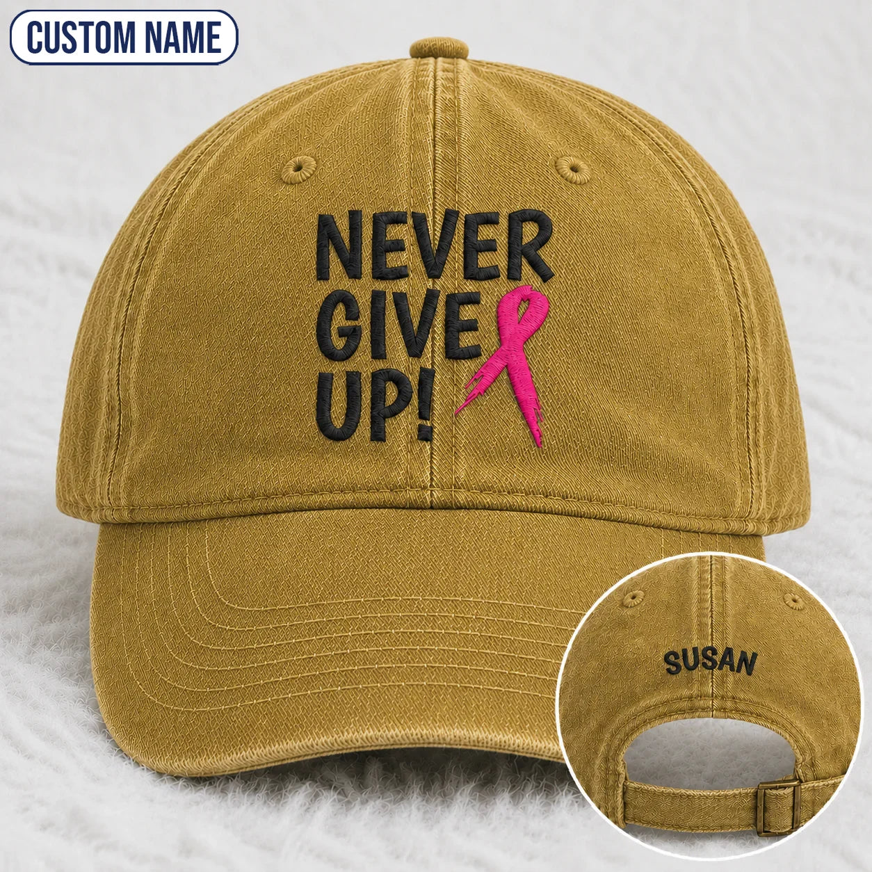 Personalized Never Give Up Pink Ribbon Embroidered Washed Cap, Awareness Gift