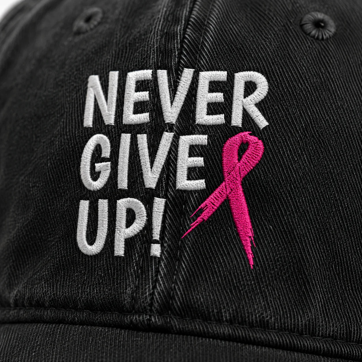 Personalized Never Give Up Pink Ribbon Embroidered Washed Cap, Awareness Gift