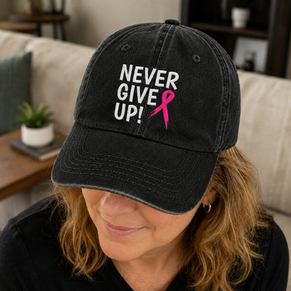 Personalized Never Give Up Pink Ribbon Embroidered Washed Cap, Awareness Gift
