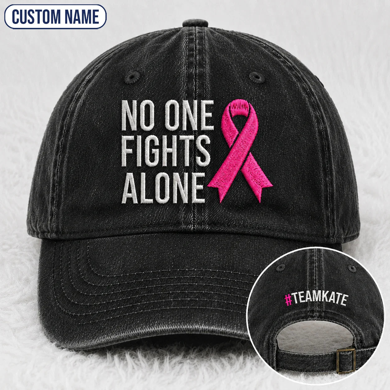 Personalized No One Fights Alone Pink Ribbon Embroidered Washed Cap, Awareness Gift
