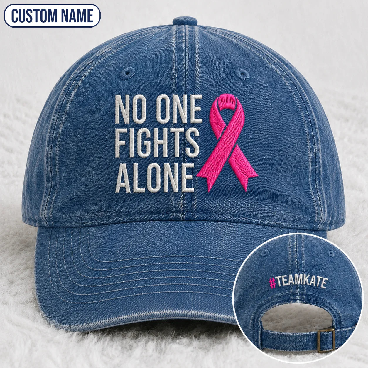 Personalized No One Fights Alone Pink Ribbon Embroidered Washed Cap, Awareness Gift