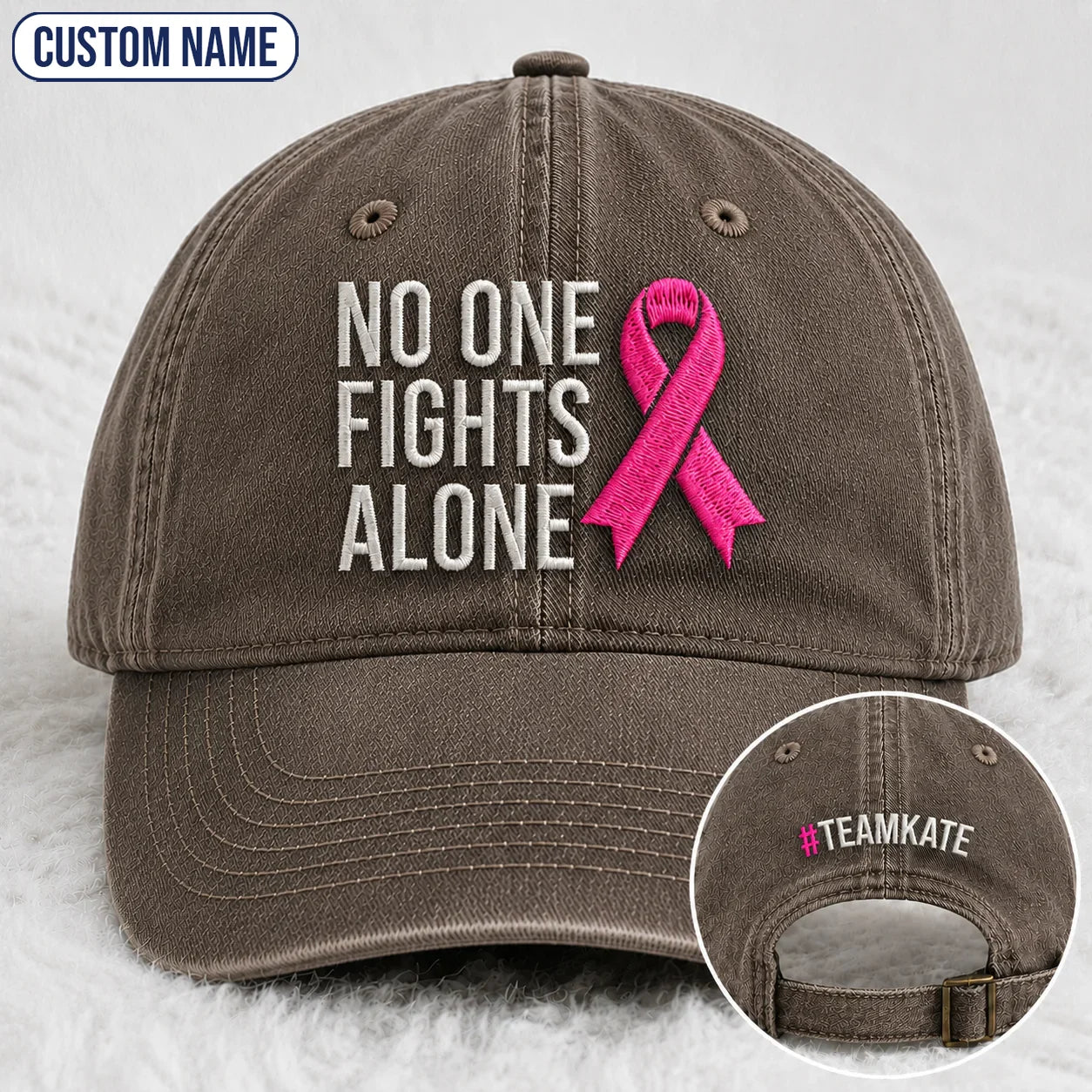 Personalized No One Fights Alone Pink Ribbon Embroidered Washed Cap, Awareness Gift