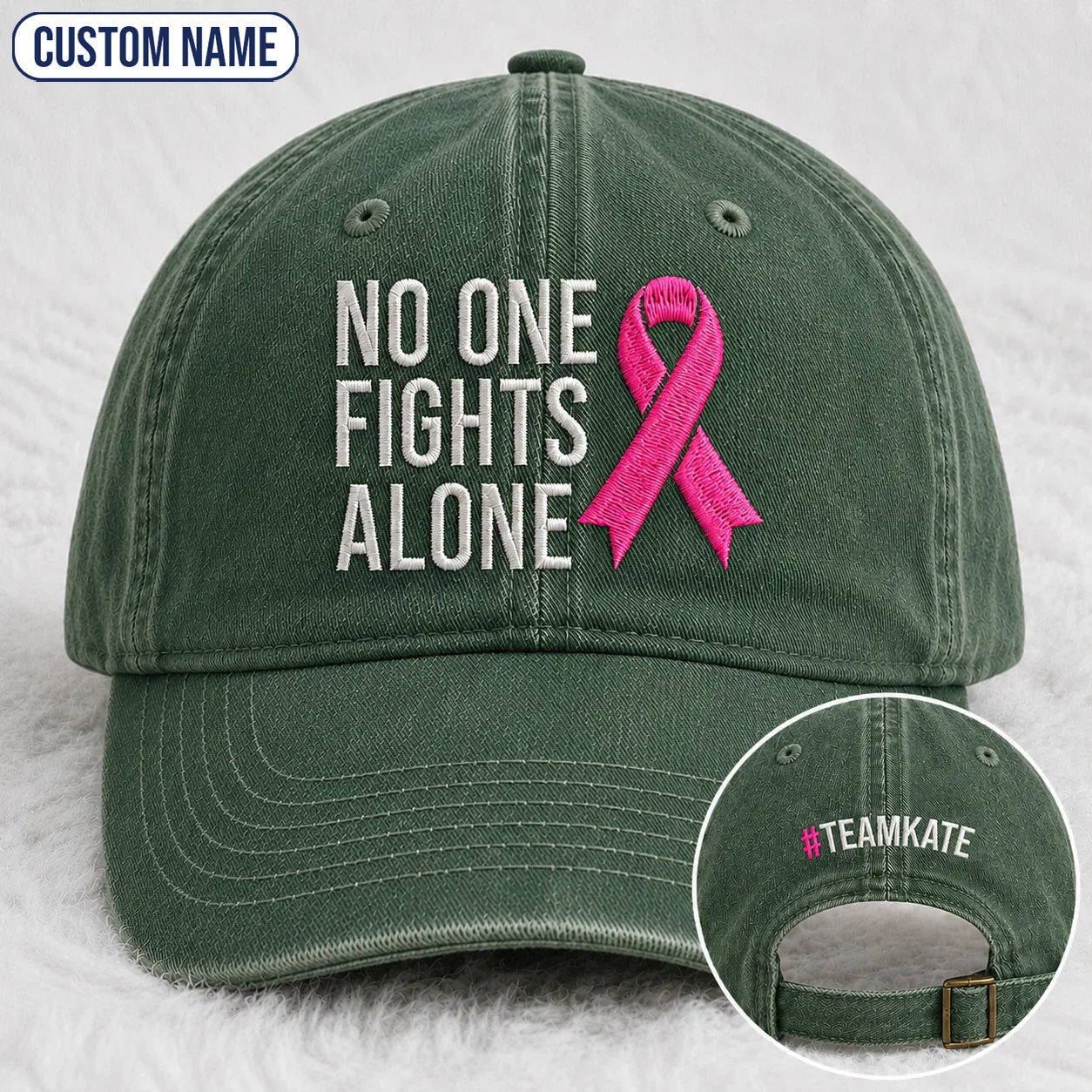 Personalized No One Fights Alone Pink Ribbon Embroidered Washed Cap, Awareness Gift