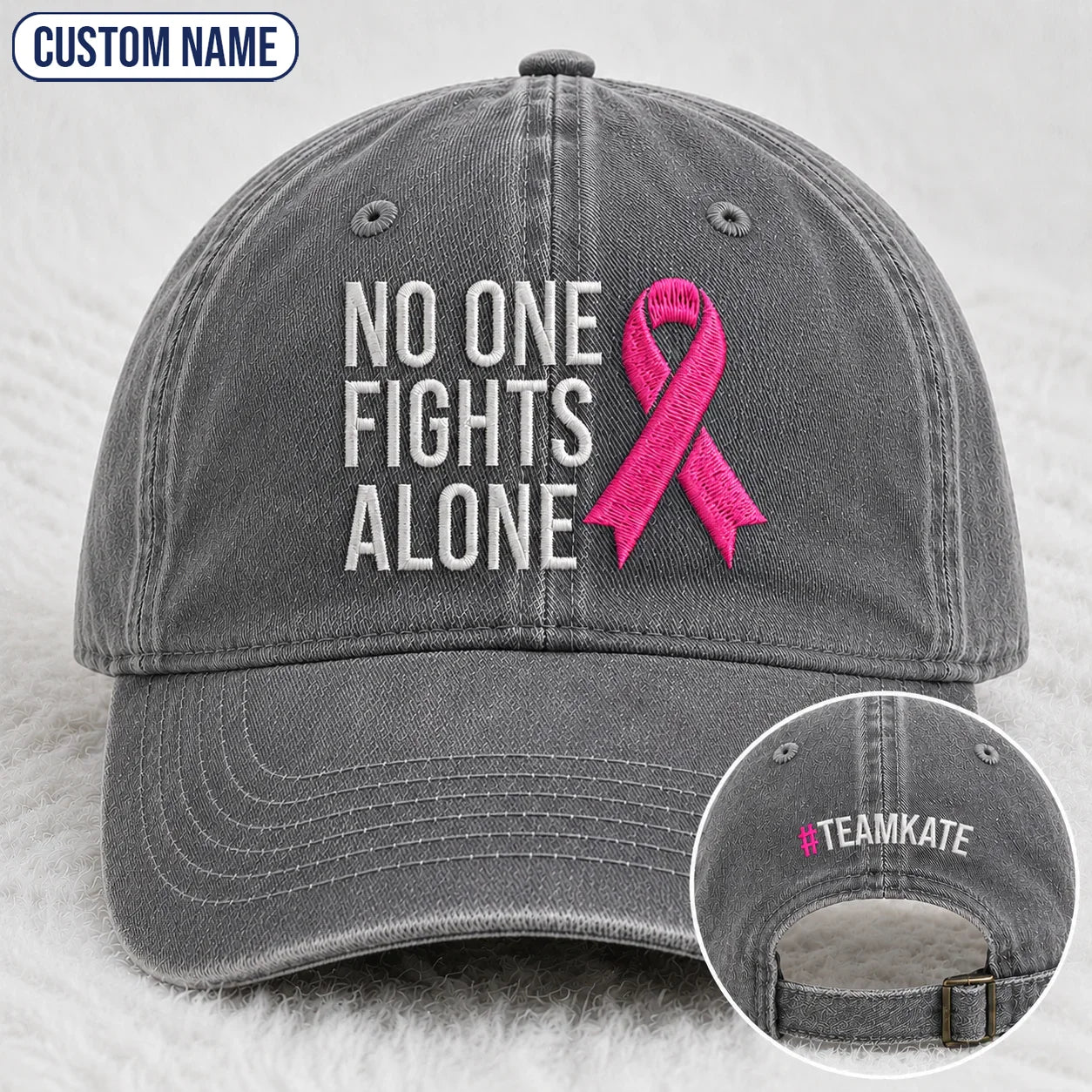 Personalized No One Fights Alone Pink Ribbon Embroidered Washed Cap, Awareness Gift