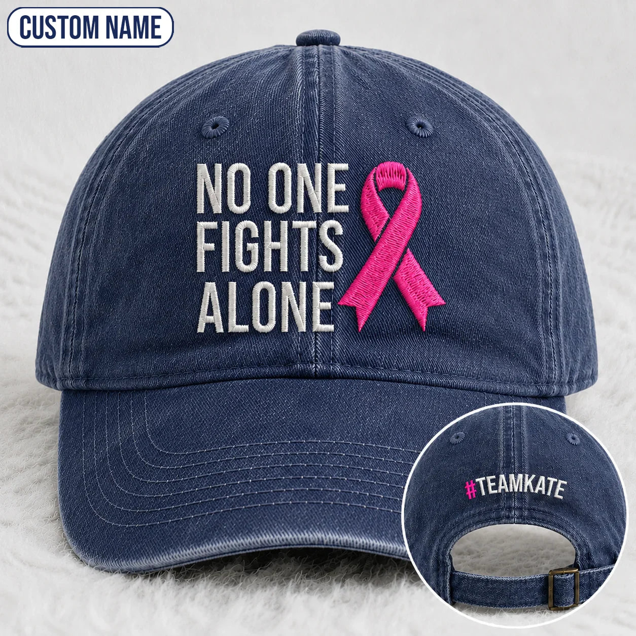 Personalized No One Fights Alone Pink Ribbon Embroidered Washed Cap, Awareness Gift