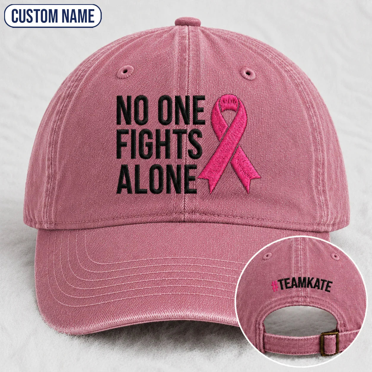 Personalized No One Fights Alone Pink Ribbon Embroidered Washed Cap, Awareness Gift