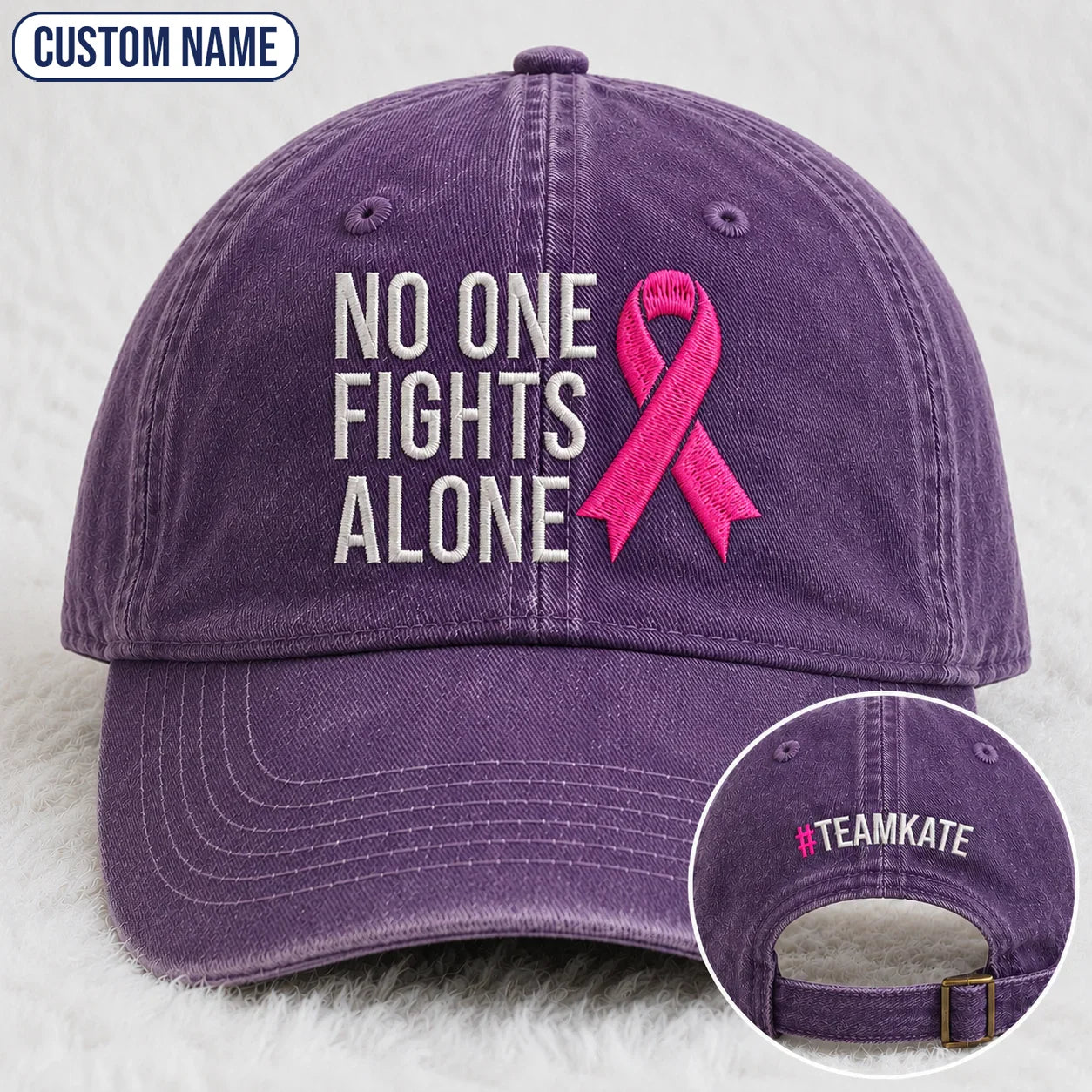 Personalized No One Fights Alone Pink Ribbon Embroidered Washed Cap, Awareness Gift