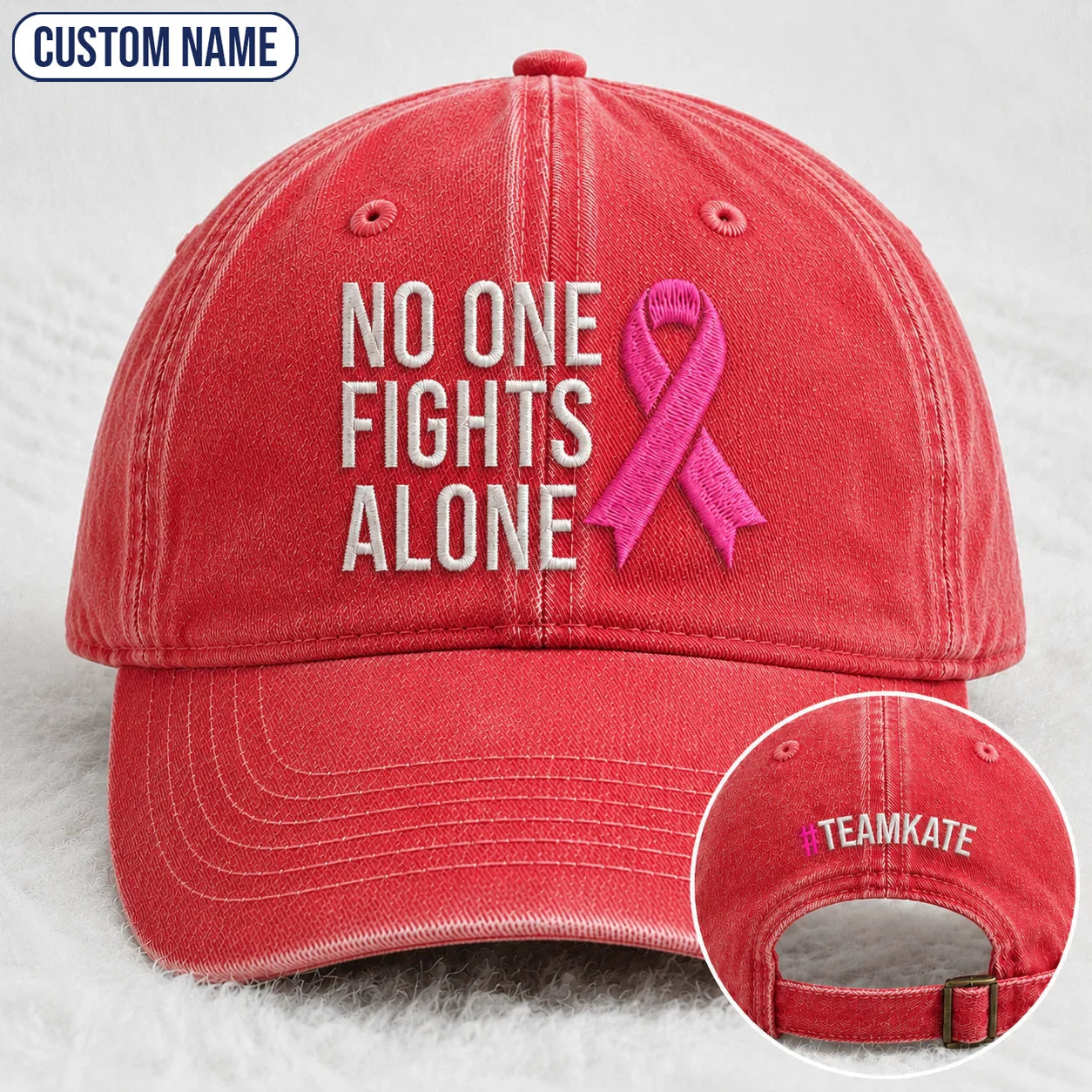 Personalized No One Fights Alone Pink Ribbon Embroidered Washed Cap, Awareness Gift