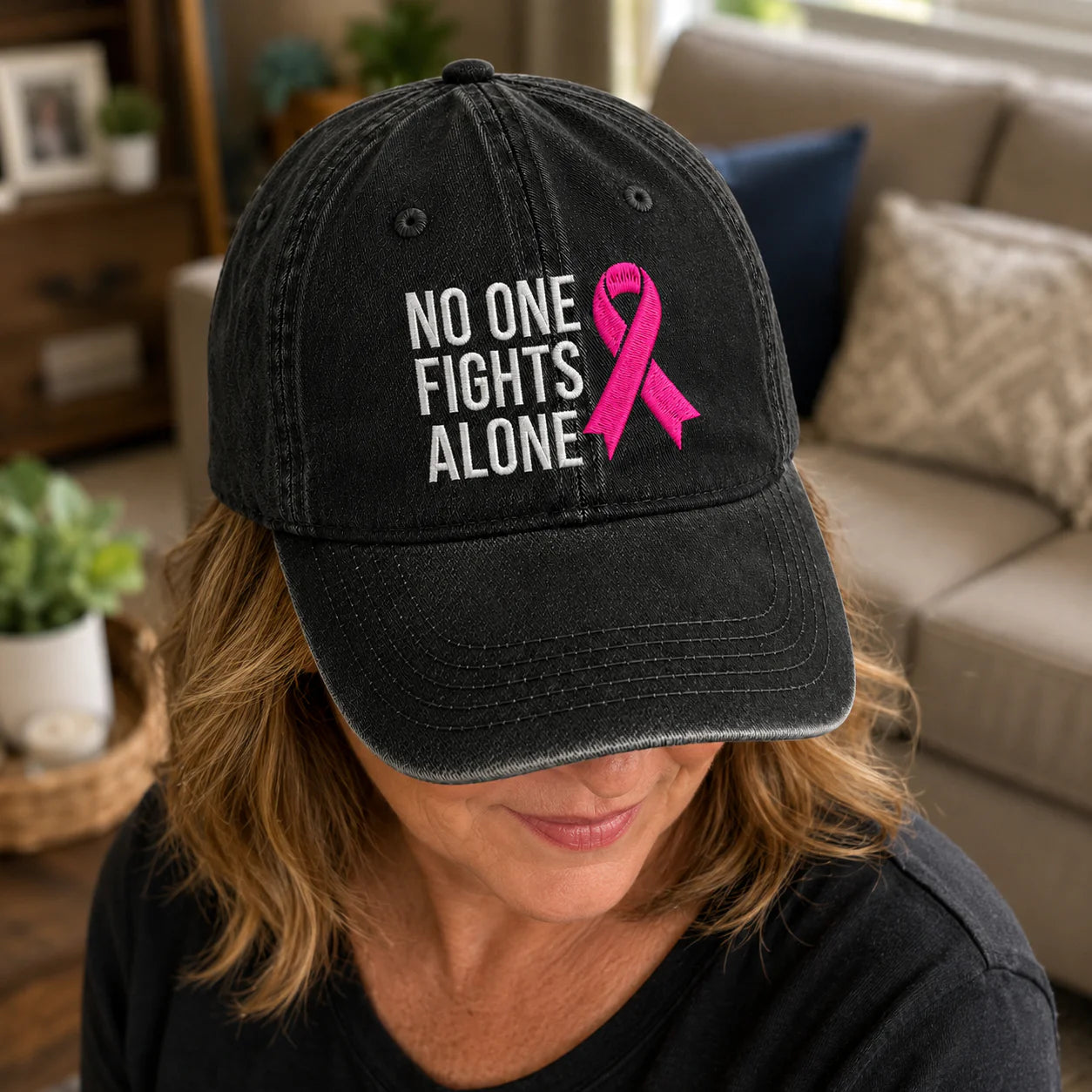 Personalized No One Fights Alone Pink Ribbon Embroidered Washed Cap, Awareness Gift