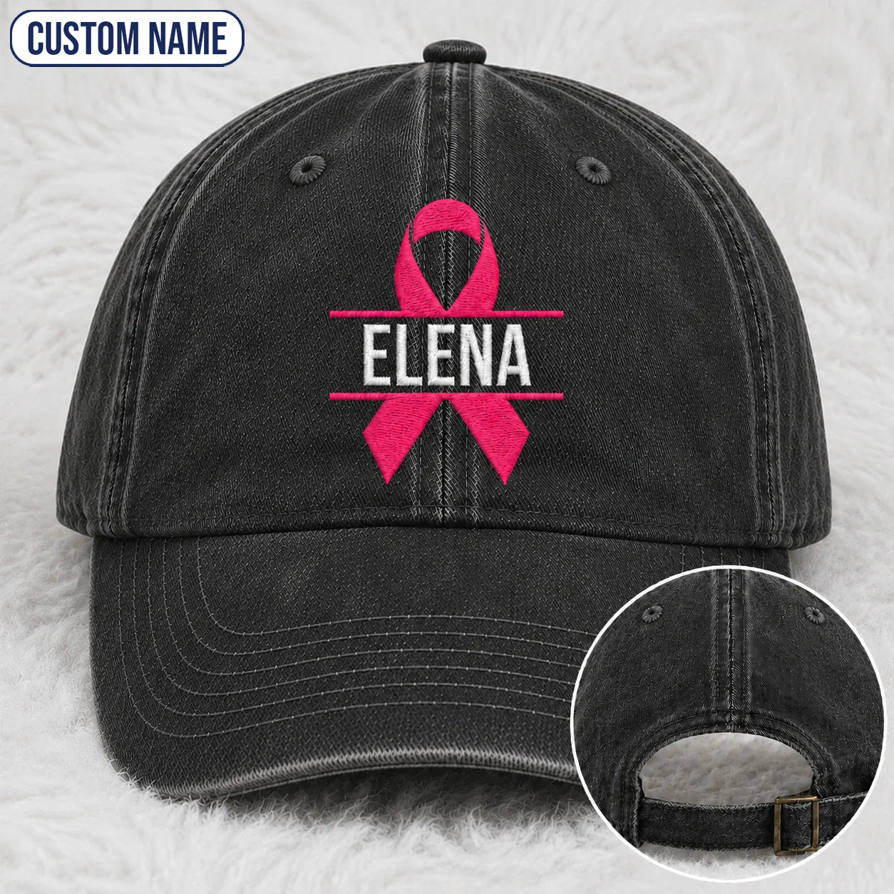 Personalized Name Pink Ribbon Embroidered Washed Cap, Awareness Gift