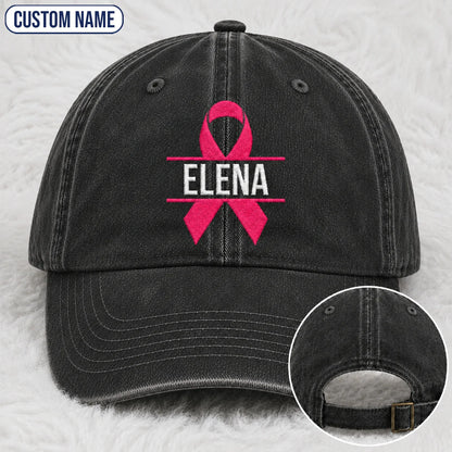Personalized Name Pink Ribbon Embroidered Washed Cap, Awareness Gift