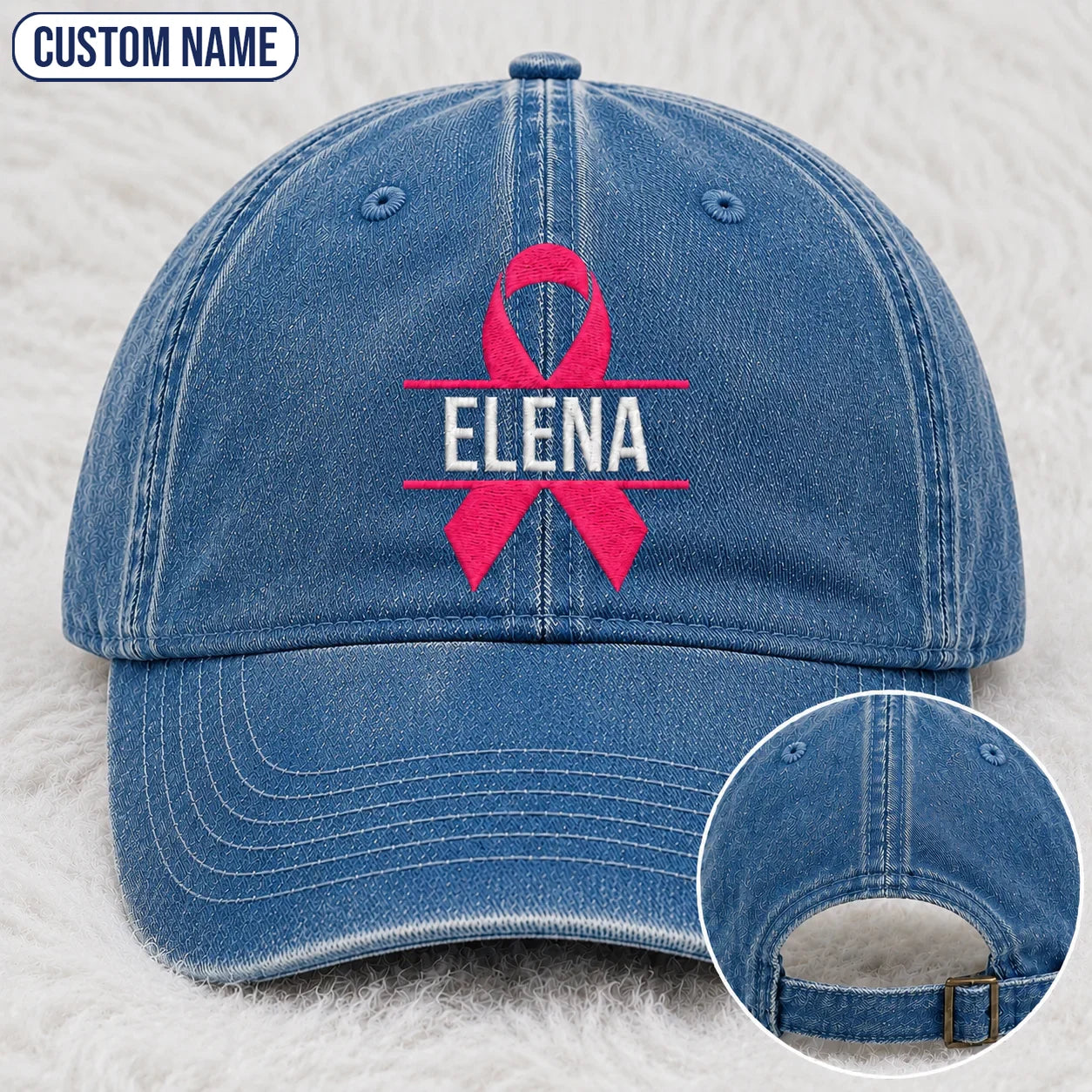 Personalized Name Pink Ribbon Embroidered Washed Cap, Awareness Gift