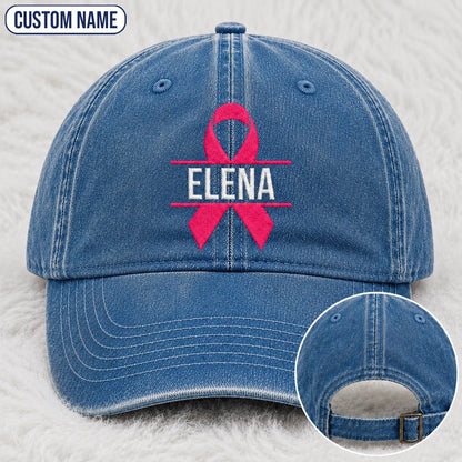Personalized Name Pink Ribbon Embroidered Washed Cap, Awareness Gift