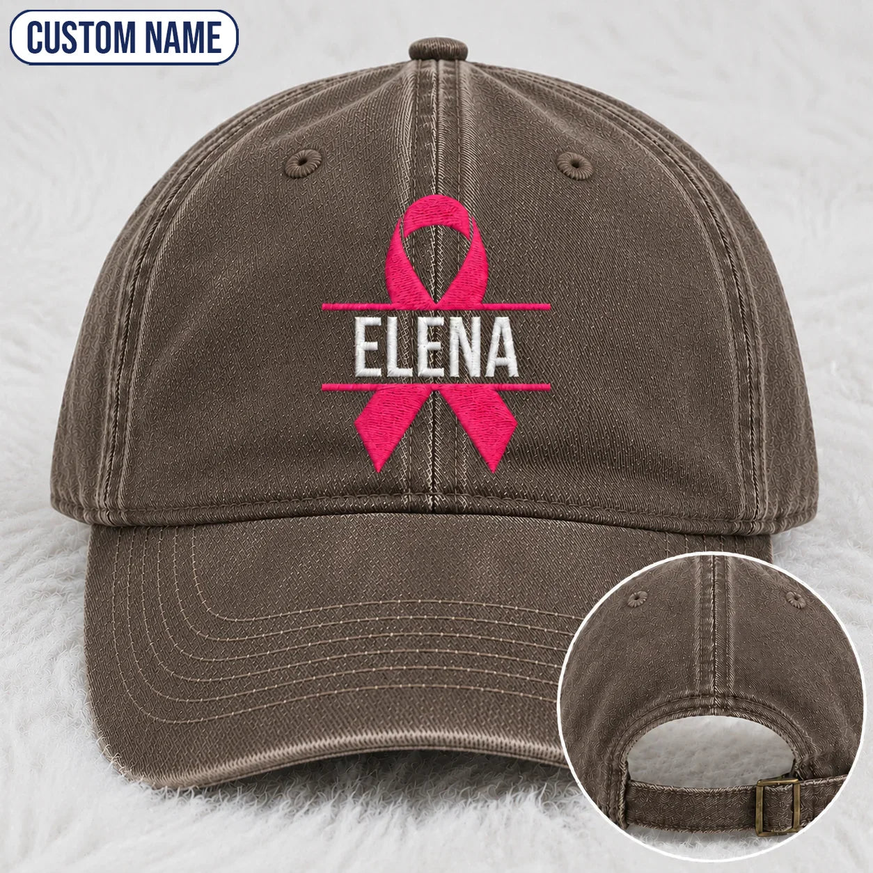 Personalized Name Pink Ribbon Embroidered Washed Cap, Awareness Gift