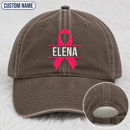 Personalized Name Pink Ribbon Embroidered Washed Cap, Awareness Gift