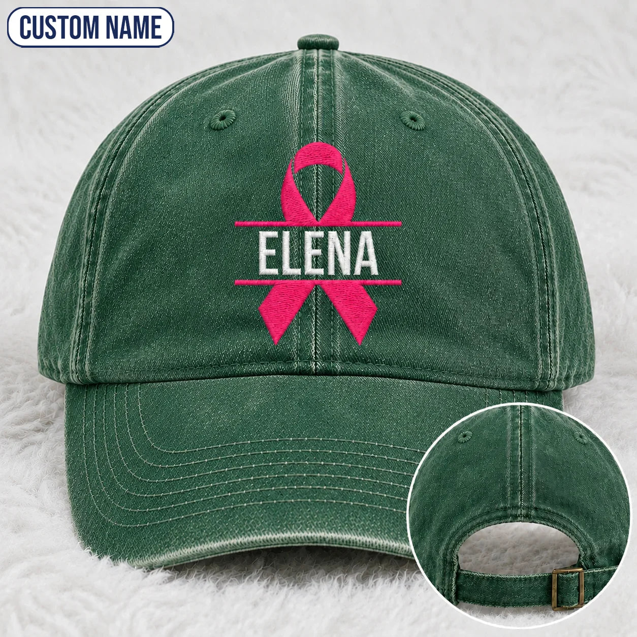 Personalized Name Pink Ribbon Embroidered Washed Cap, Awareness Gift