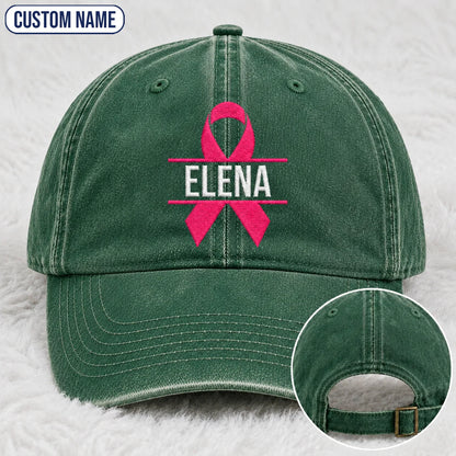 Personalized Name Pink Ribbon Embroidered Washed Cap, Awareness Gift