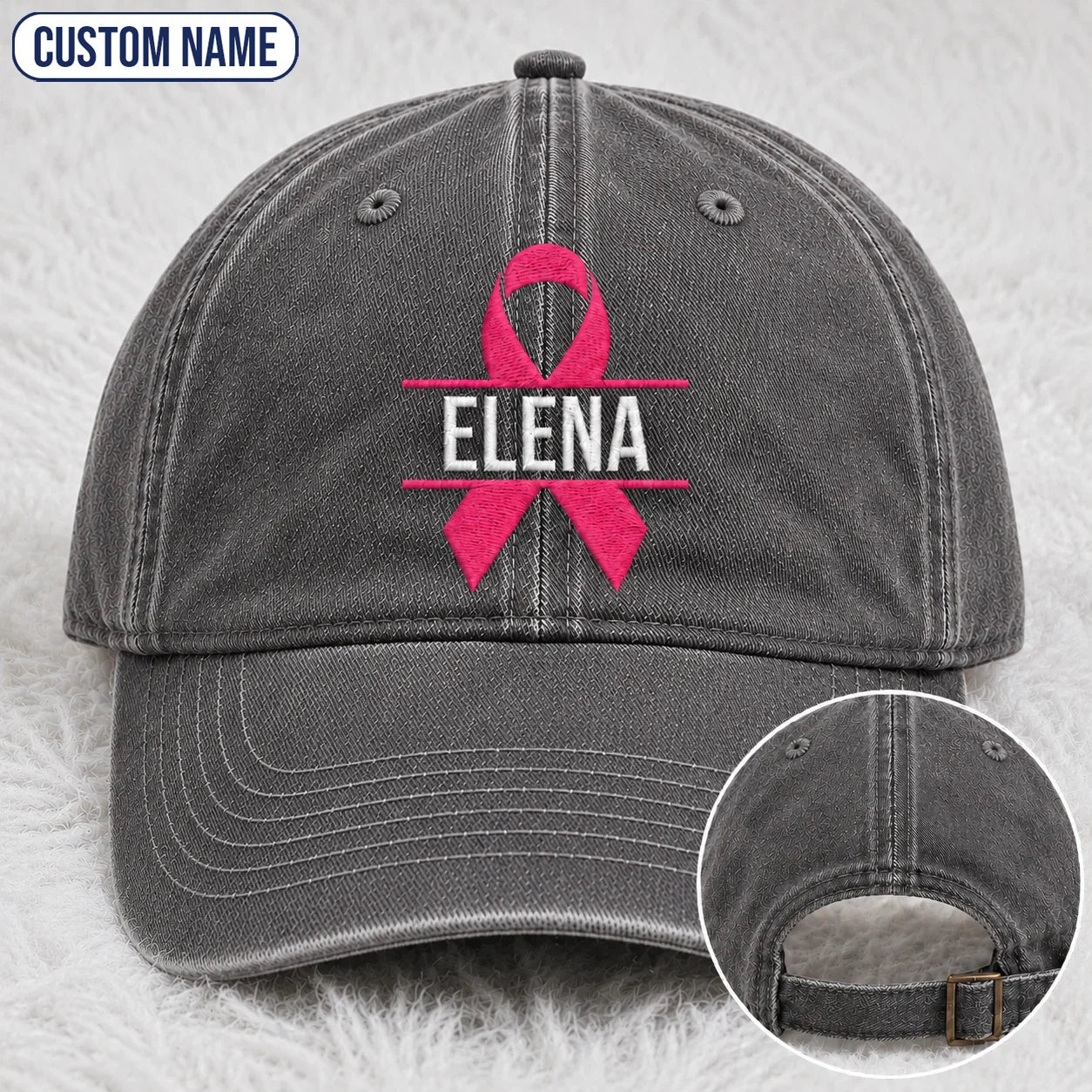 Personalized Name Pink Ribbon Embroidered Washed Cap, Awareness Gift
