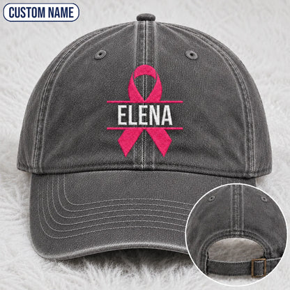 Personalized Name Pink Ribbon Embroidered Washed Cap, Awareness Gift