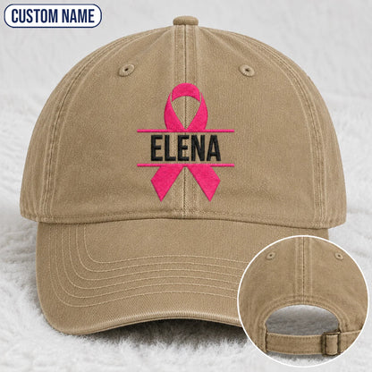 Personalized Name Pink Ribbon Embroidered Washed Cap, Awareness Gift