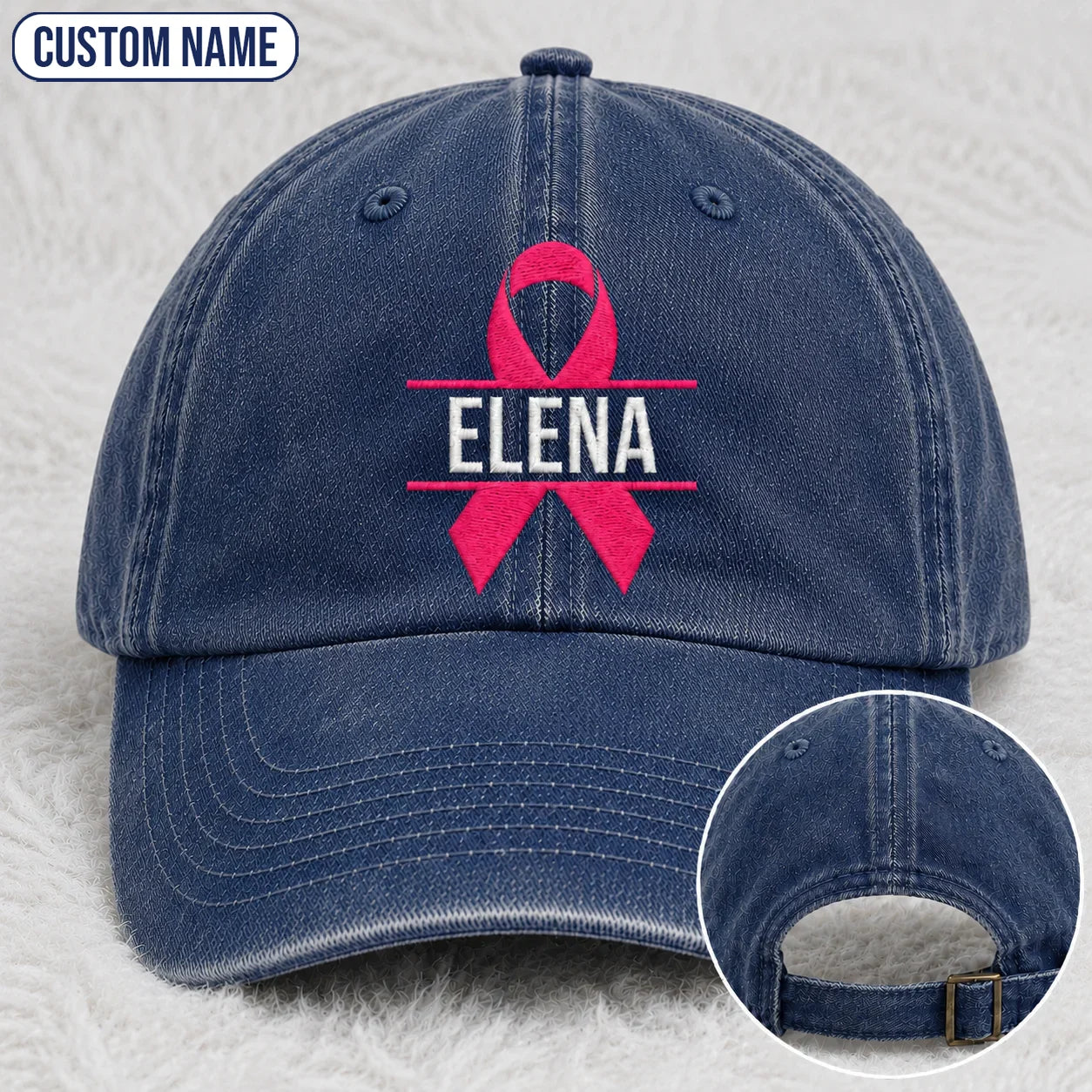 Personalized Name Pink Ribbon Embroidered Washed Cap, Awareness Gift