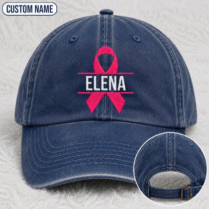 Personalized Name Pink Ribbon Embroidered Washed Cap, Awareness Gift