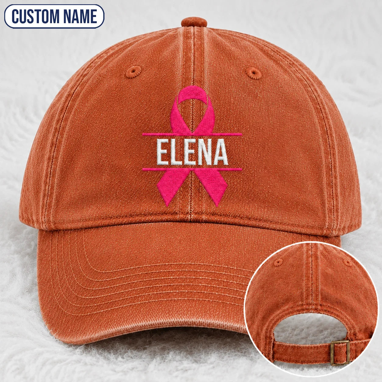 Personalized Name Pink Ribbon Embroidered Washed Cap, Awareness Gift