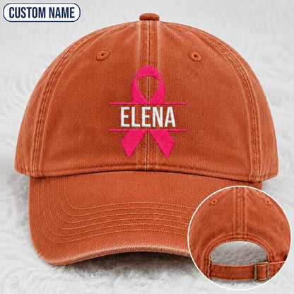 Personalized Name Pink Ribbon Embroidered Washed Cap, Awareness Gift