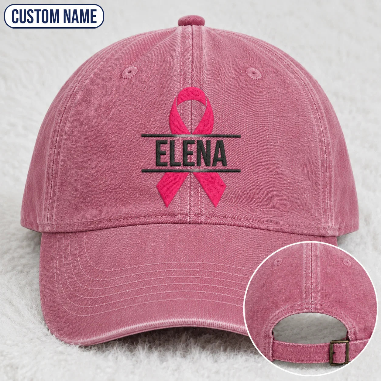 Personalized Name Pink Ribbon Embroidered Washed Cap, Awareness Gift