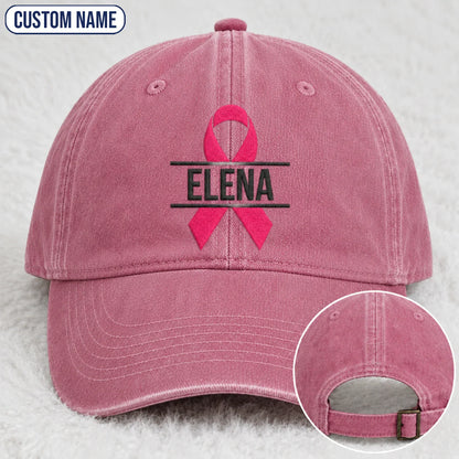 Personalized Name Pink Ribbon Embroidered Washed Cap, Awareness Gift