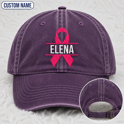 Personalized Name Pink Ribbon Embroidered Washed Cap, Awareness Gift