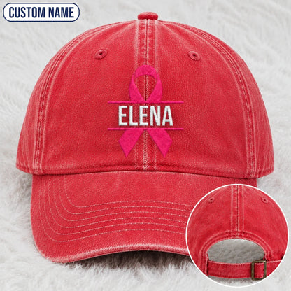 Personalized Name Pink Ribbon Embroidered Washed Cap, Awareness Gift