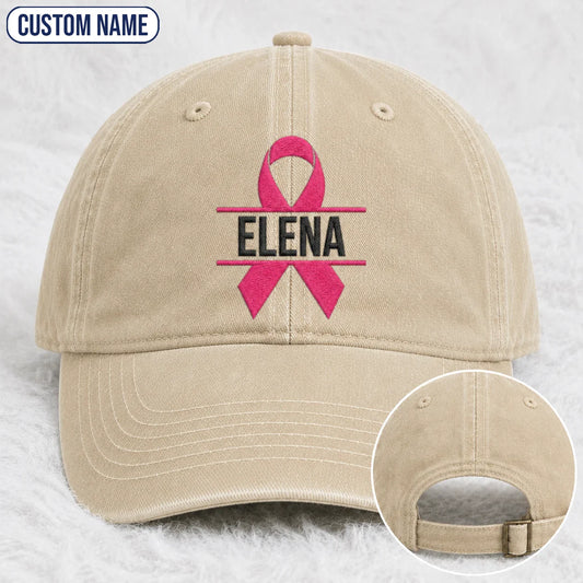 Personalized Name Pink Ribbon Embroidered Washed Cap, Awareness Gift