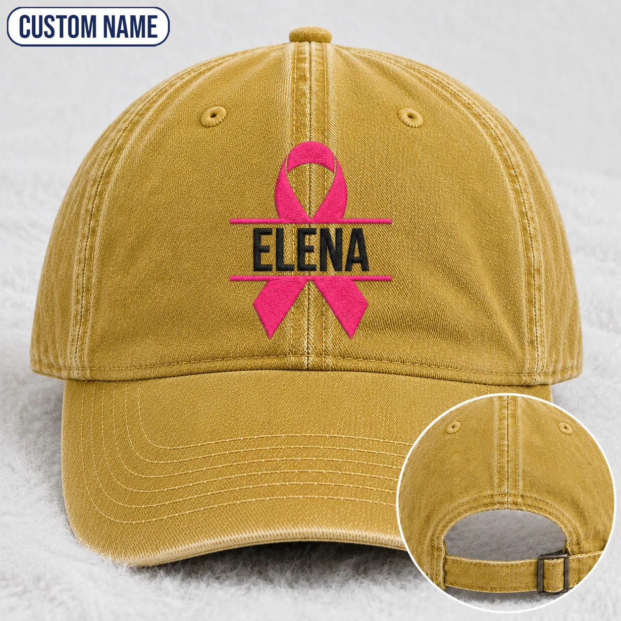 Personalized Name Pink Ribbon Embroidered Washed Cap, Awareness Gift