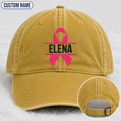 Personalized Name Pink Ribbon Embroidered Washed Cap, Awareness Gift