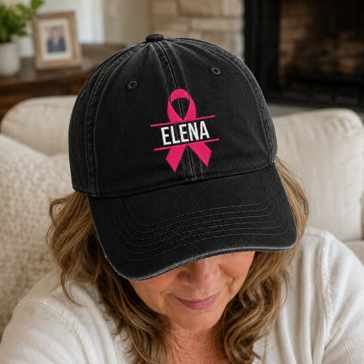 Personalized Name Pink Ribbon Embroidered Washed Cap, Awareness Gift
