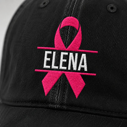 Personalized Name Pink Ribbon Embroidered Washed Cap, Awareness Gift