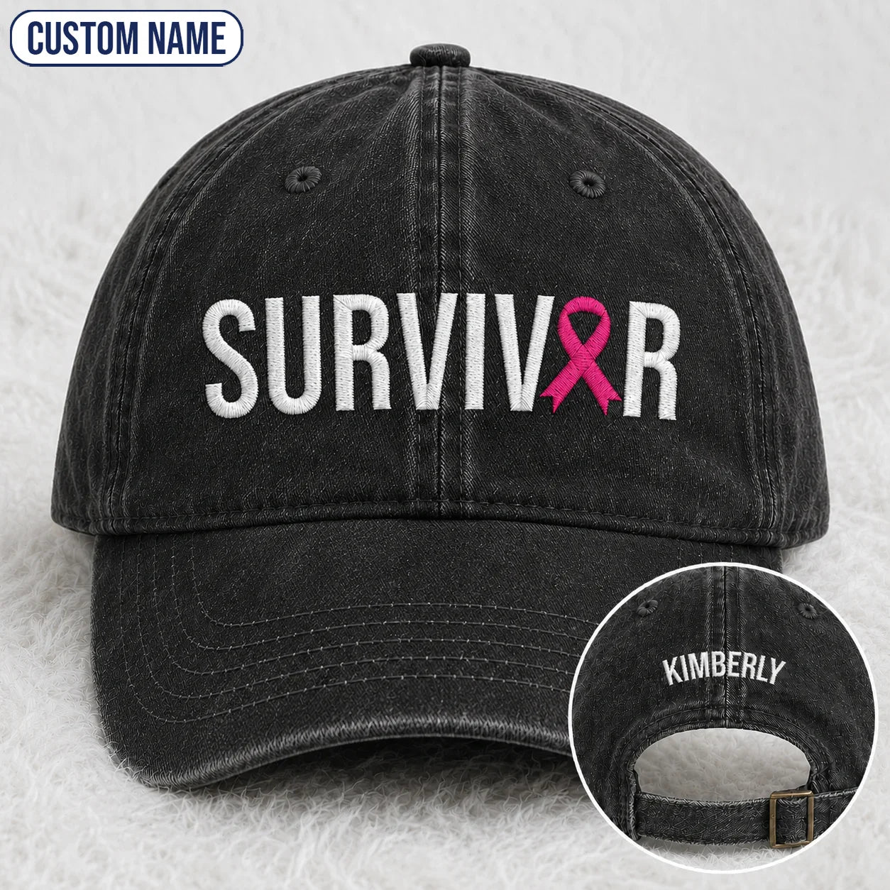 Personalized Survivor Pink Ribbon Embroidered Washed Cap, Awareness Gift