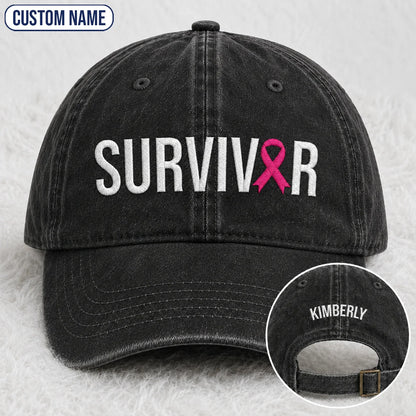 Personalized Survivor Pink Ribbon Embroidered Washed Cap, Awareness Gift