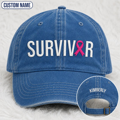 Personalized Survivor Pink Ribbon Embroidered Washed Cap, Awareness Gift