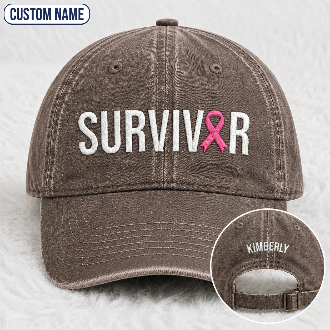 Personalized Survivor Pink Ribbon Embroidered Washed Cap, Awareness Gift